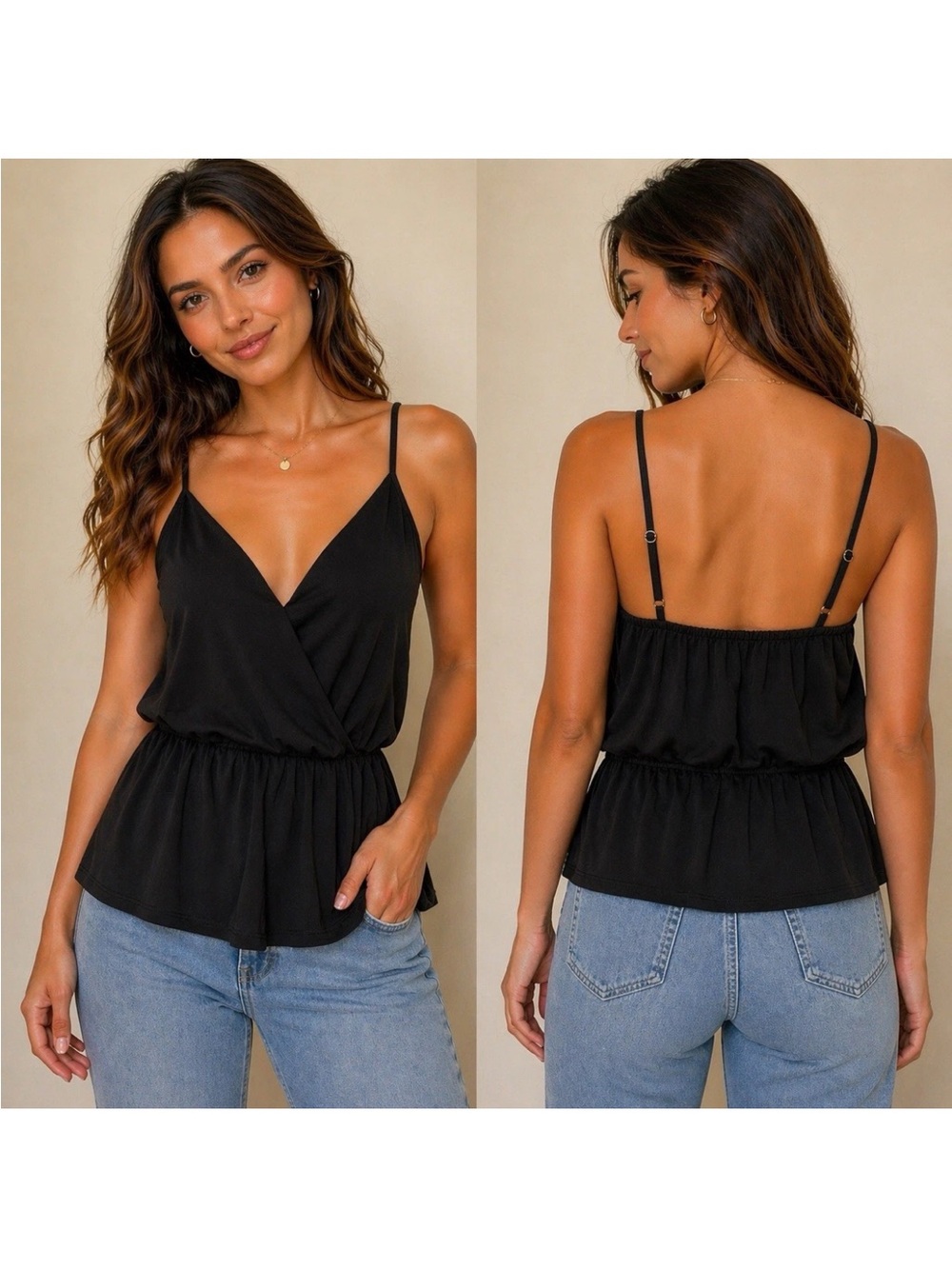 Express Black Wrap Surplice Peplum Cami V Neck Top Blouse XS Shirt NWT